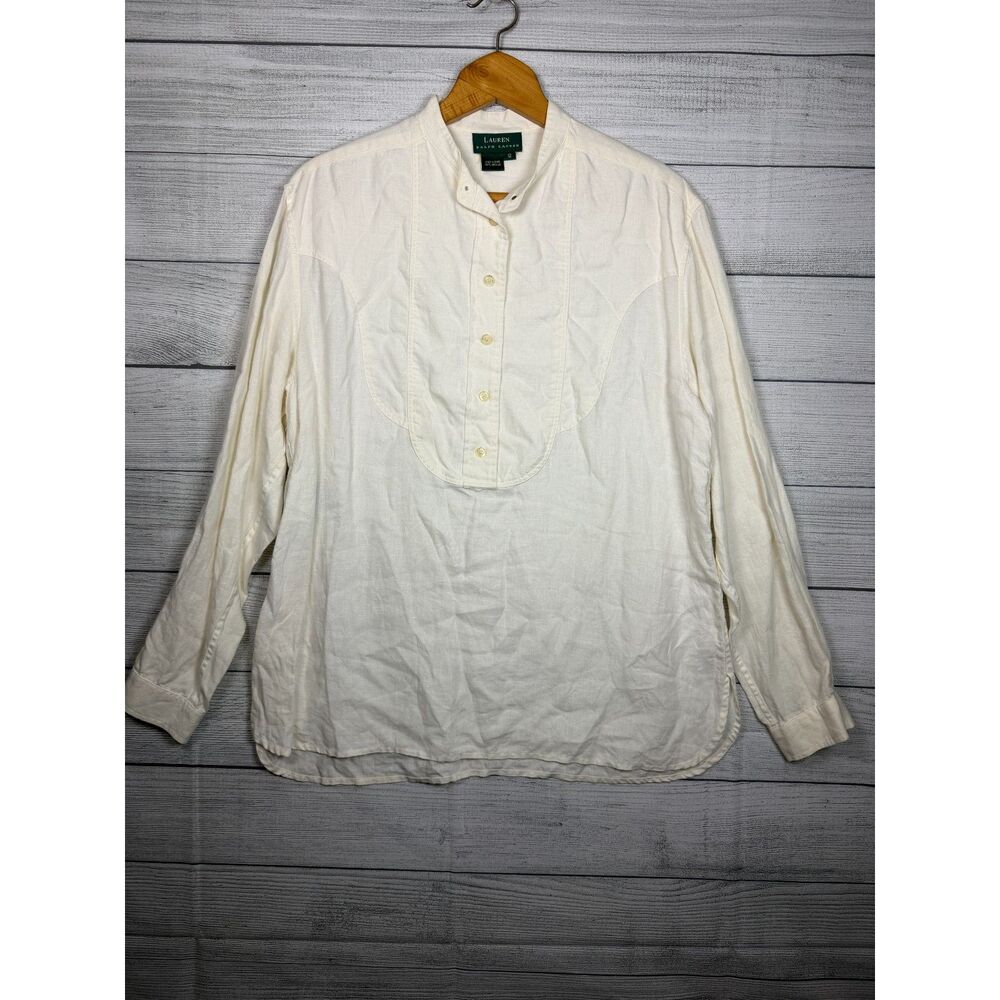 Lauren Ralph Lauren Women's 12 Ivory 100% Linen Bib Front Tunic Blouse 4781